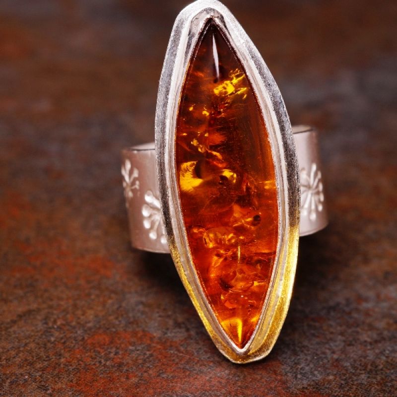 Handcrafted stamped sterling silver Baltic Amber Ring